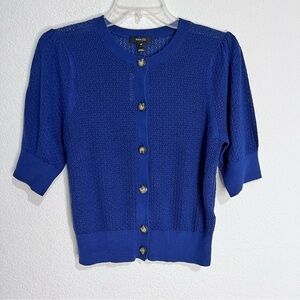 RW & Co. Blue Puffy-Elbow-Sleeve Crew-Neck Cardigan Sweater Pointelle Stitches S